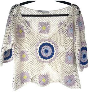 ZARA Crochet Small Knit Top With Floral Granny Square Design